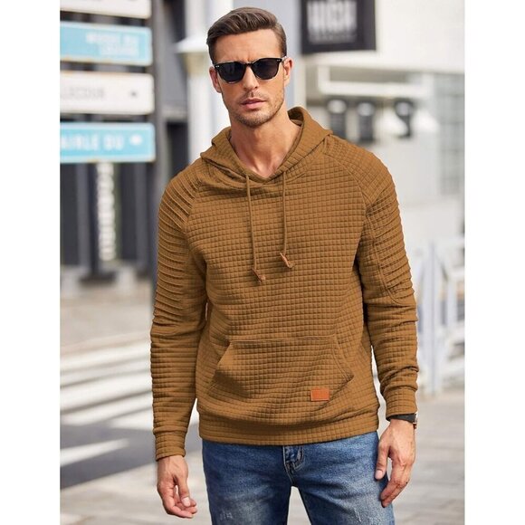 Men Yellow Pullover Casaul Long Sleeve Drawstring Waffle Knit Hooded Sweatshirt - Picture 2 of 7